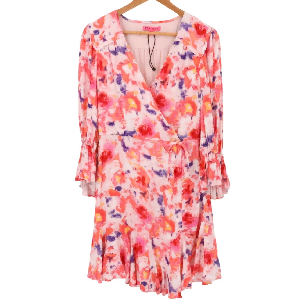 Betsey Johnson Sunset Floral Ruffled‎ Wrap Dress Womens Size 4 Pink Watercolor